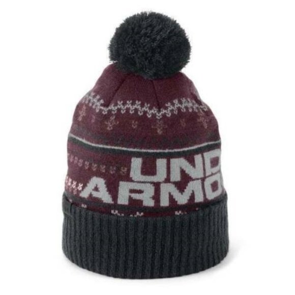 Teen Adult Under Armour Winter Hat Red Retro Pom Pom Beanie Cuffed Knit OS - Picture 1 of 3